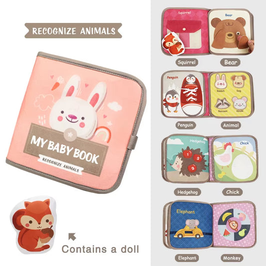 Montessori Busy Book Baby Early Education Book，Puzzle Toy, Animal Cognitive Fabric Book, Repeated Paste Book & Sensory Toys